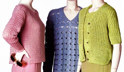 Vittadini Patterns vol 6-Olivia Banded Rib Pullover-Olivia Cross Stitch V-Neck Pullover -Olivia Brioche Yoke Twin SetOlivia knitting patterns